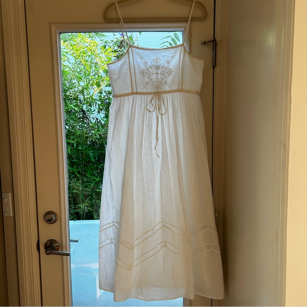 Zara white embroidered linen cotton blend dress sleeveless maxi long M Medium